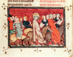 Ms Fr fol.48 Der König diktiert seine Stunden während des Reitens, aus dem Leben und den Wundern des hl. Ludwig, ca. 1330-40