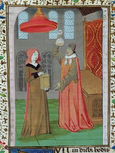 Ms H 7 fol.164r Ein Arzt untersucht den Urin der heiligen Elisabeth, um festzustellen, ob sie schwanger ist, aus der Bibel von Jean XXII