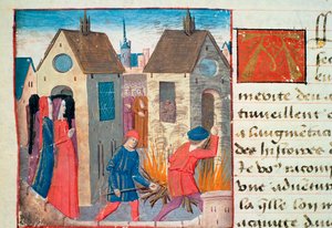 Ms Hunter 252 f.75v Ein Haus brennen, aus Les Cent Nouvelles Nouvelles, 1462 von French School
