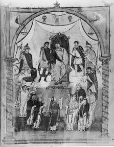 König Karl II. (823-877) erhält eine Bibel von Graf Vivian und den Mönchen von Saint-Martin de Tours, aus der ersten Bibel von Karl dem Kahlen, ca. 843-51