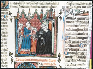 Eltern bieten einem Bischof Geld an, um ihren Sohn ins Kloster aufzunehmen, 1314 von French School
