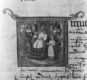 Ms Lat 5969 Historisierte Initiale A, die den Prozess von Jeanne d