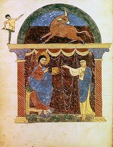 Jesus überreicht das Evangelium an den hl. Lukas, aus einem Kommentar zur Apokalypse des asturischen Mönchs Beatus von Liébana (c.776) c.1028-72