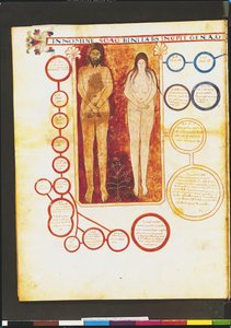 Adam und Eva und die Genealogie Christi, aus einem Kommentar zur Apokalypse von Beatus von Liebana (ca. 776) ca. 1028-72 von French School