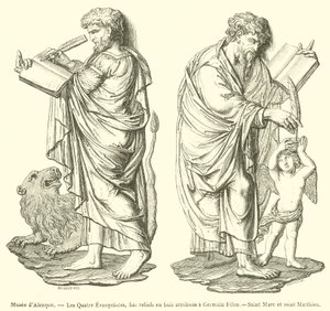 Museum von Alençon, Die vier Evangelisten, Holzreliefs zugeschrieben Germain Pilon, Heiliger Markus und Heiliger Matthäus (Gravur) von French School