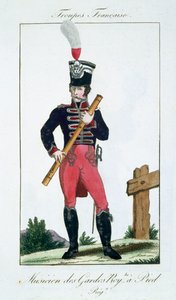 Musiker der Königlichen Fußgarde, aus Troupes Francaises, veröffentlicht bei Basset, Paris, um 1790 von French School