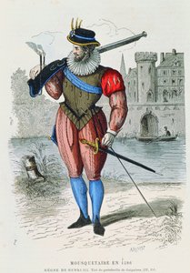 Musketier im Jahr 1586, Illustration aus Costumes de Paris à travers les siècles von H. Gourdon de Genouillac, graviert von A. Renard von French School