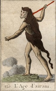 Mythos der Zeitalter der Menschheit: Darstellung des Bronzezeitalters als junger Mann mit Löwenfell und Speer. Aus 