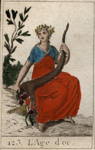 Mythos der Zeitalter der Menschheit: Darstellung des Goldenen Zeitalters, als junge Jungfrau mit vollkommener Schönheit, gekrönt mit Blumen und hält ein Füllhorn. Aus „Mythologie der Jugend“