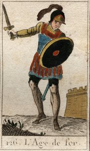Mythos der Zeitalter der Menschheit: Darstellung des Eisernen Zeitalters als junger Mann mit Helm, Schwert und Schild. Aus „Mythologie der Jugend“ von Pierre Blanchard 1803