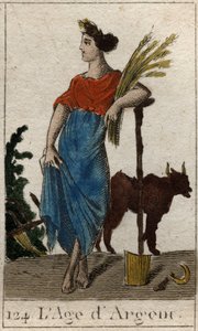 Mythos der Zeitalter der Menschheit: Darstellung des Silbernen Zeitalters als junge Frau mit einem Weizenkranz, nahe einem Pflug und einer Sichel. Aus „Mythologie der Jugend“ von Pierre Blanchard 1803 von French School
