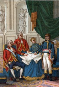 Napoleon Bonaparte in Amiens am 25. März 1802, England und Frankreich unterzeichneten einen Friedensvertrag, der die zweite europäische Koalition gegen Frankreich beendete. (Der Frieden von Amiens, 25. März 1802)