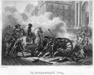 Napoleon zerschlägt die royalistische Rebellion - Napoleon Bonaparte (zu Pferd) kommandiert revolutionäre Truppen im Straßenkampf am 13. Vendémiaire (5. Oktober) - 13. Vendémiaire 1795 (royalistische Aufstand vom 5. Oktober 1795): Bonaparte stellte die Ord von French School