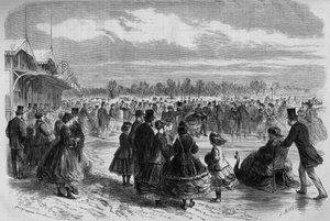 Napoleon III. und die Kaiserin Eugénie de Montijo im Club der Eisläufer des Bois de Boulogne in Paris. Gravur in „Le Monde Illustré“ Nr. 511 vom 26. Januar 1867.