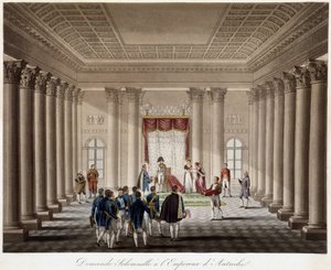 Napoleon bittet Marie Louise um die Hand beim Kaiser von Österreich - in „Historische Geschichte des Krieges zwischen Frankreich und Österreich im Jahr 1809“ von French School