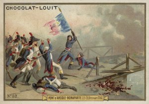 Napoleon in der Schlacht an der Brücke von Arcole, Italien, Französische Revolutionskriege, 15.-17. November 1796 von French School