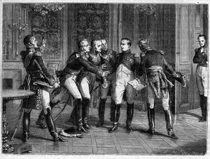 Napoleon teilt seinen Marschällen seine Entscheidung zur Abdankung mit, 6. April 1814 - Napoleon I. kündigt seine Abdankung den Marschällen am 6. April 1814 an - in „Geschichte des Reiches nach der Geschichte des Konsulats“ von Adolphe Thiers - 1879 von French School