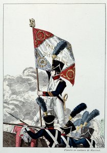 Napoleonische Armee: Linieninfanterie. Sergeant Major pflanzt seinen Adler auf ein drastisch ausgelöschtes Grauen. Gravur von Martinet (19. Jahrhundert) 1808. Malmaison, Musée Du Château.