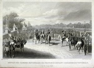 Nationalgardisten schützen die Nationalversammlung in Paris. Gravur während der Französischen Revolution 1848 von French School