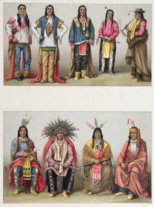 Ureinwohner aus dem Mississippi-Becken und aus Colorado, Illustration aus Le Costume Historique von A. Racinet, veröffentlicht in Paris 1888