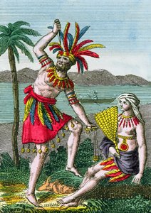 Einheimische Bewohner der Marquesas-Inseln, Illustration aus Histoire des Voyages Autour du Monde von J. Dufay, veröffentlicht von Courvalet & Co., Paris, 1826 (Farbstich) von French School