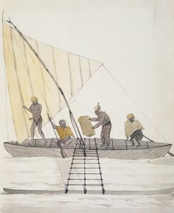 Eingeborene von Iles Basses und balanciertes Segelkanu, Aquarell von Jules-Louis Lejeune, aus Duperreys Reise