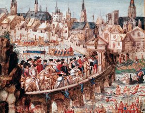Nautische Shows organisiert von der Stadt Rouen anlässlich des königlichen Einzugs von König Heinrich II. (1519-1559) und Katharina de Medici (1519-1589) am 1.10.1550. Reiter überqueren die Seine auf der Brücke Saint Ouen