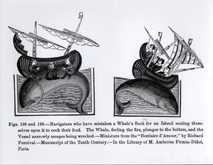 Seefahrer, die einen Walrücken für eine Insel gehalten haben und darauf sitzen, um ihr Essen zu kochen, aus dem Bestiaire d