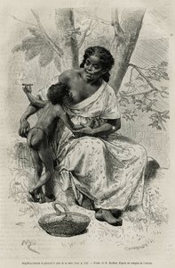 Negillon raucht und nimmt den Busen ihrer Mutter, in der Region Darien (östliches Panama), Gravur nach einer Zeichnung von D. Maillart, zur Illustration der Geschichte Exploration am Isthmus von Panama und Darien von A. Reclus, Schiffslieutenant, 1876-1878 von French School