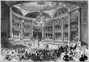 Neoklassische Architektur: Ansicht des Saals des Grand Théâtre de Bordeaux (1773-1780) anlässlich des Balls zu Ehren des Besuchs von Kaiser Napoleon III und Kaiserin Eugénie de Montijo. Bordeaux, Gironde (33)