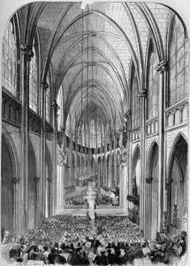 Neugotische Architektur: Innenansicht der Kirche Sainte Clotilde in Paris während ihrer Einweihung am 30. November 1857. Gravur von Bertrand in „Le Monde Illustré“ Nr. 34 vom 5. Dezember 1857. von French School