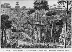 Neukaledonien, Isle of Pines, Hypogäum von Toupo, nach einer Federzeichnung eines Deportierten, Illustration aus dem Bulletin Les Missions Catholiques, 1893