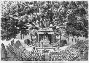Neukaledonien, Messe auf der Insel Nou, nach einer Federzeichnung eines Transportierten, Illustration aus dem Bulletin Les Missions Catholiques, 1875 von French School