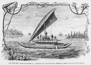 Neukaledonien, Piroge der Isle of Pines, nach einer Federzeichnung eines Deportierten, Illustration aus dem Bulletin Les Missions Catholiques, 1893 von French School