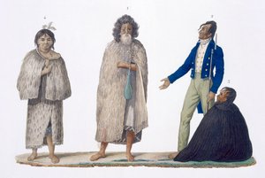 Neuseeländische Ureinwohner in einheimischer und westlicher Kleidung, 1826 von French School