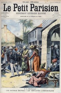 Neue Vulkanausbruch des Montagne Pelée Vulkans in Martinique: Krankenwagen in Fort-de-France. Gravur in "Le Petit Parisien"