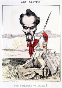 Nachrichten - Kleiner Mann lebt noch!. Karikatur über Rochefort, der in einem Grab steht von French School