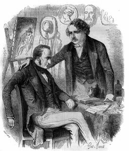 Nicéphore Niépce (1765-1833) und Louis Daguerre (1787-1851), französische Erfinder, Pioniere der Fotografie. Gravur von 1852.