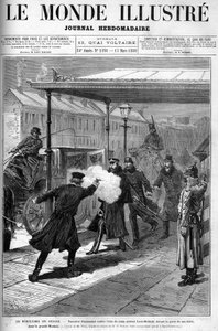 Nihilismus in Russland - Attentatsversuch auf den Adjutanten, General Loris Melikoff, vor der Tür seines Hotels in der großen Moskaia. Titelblatt von „The Illustrous World“, März 1880