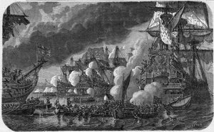 Neunjähriger Krieg (Krieg der Augsburger Liga) (1688-1697): die Schlacht von La Hougue am 19.05.1692 zwischen der anglo-niederländischen Flotte und der französischen Flotte von Vizeadmiral Anne Hilarion de Costentin (Cotentin), Graf von Tourville (1642-170
