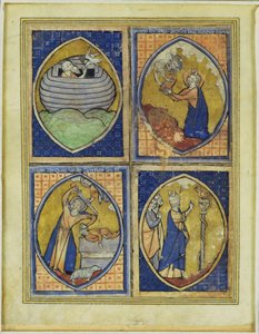 Noah empfängt die weiße Taube, Moses empfängt die Gesetzestafeln, das Opfer Abrahams, Moses und die eherne Schlange, spätes 13. Jahrhundert