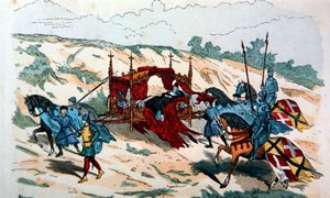 Adliger wird im 14. Jahrhundert in Europa von Gefolgsleuten in einer Sänfte getragen (Farblithografie) von French School