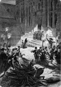 Weihnachten in Frankreich unter Ludwig XIII.: Der Herr steht vor der Tür seines Schlosses, während ein Priester den Holzscheit segnet, der dem Haus Segen bringen soll. Im Hof richten die Bauern einen Metzger ein. 17. Jahrhundert. Gravur in 