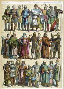 Normannische und anglo-normannische zivile, religiöse und Kriegerkostüme (1066-1200) - Gravur