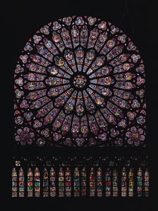 Nordtransept-Rosenfenster, das die Jungfrau und das Kind im Zentrum umgeben von alttestamentlichen Figuren darstellt, entworfen ca. 1250 von French School