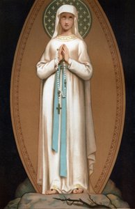 Notre Dame de Lourdes: Darstellung der Jungfrau Maria, wie sie Bernadette Soubirous 1858 in der Höhle von Lourdes erschienen sein soll. Chromolithographie. Frontispiz von „Notre Dame de Lourdes“ von Henri Lasserre von French School