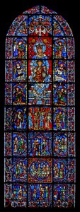 Notre Dame de la Belle Verriere; unten Szenen der Hochzeit zu Kana und der Versuchung Christi in der Wüste von French School