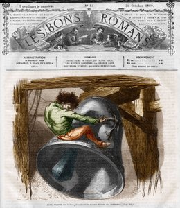 Romanserie: „Notre Dame de Paris“ von Victor Hugo (1802-1885). Quasimodo auf dem Glockenturm. Gravur in „Les bons romans“ von French School