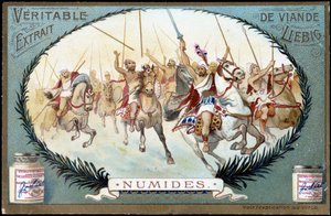 Numidien in der Antike: Numidisches Reiterspiel. Liebig Chromolithografie späte 19. Jahrhundert. von French School