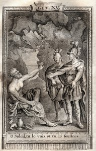 O Sonne, du siehst es und leidest es! Ulysses antwortete mir ohne sich zu bewegen: Jupiter will es... Gravur von 1798 von Monnet in „Les Aventures de Télémaque, fils d